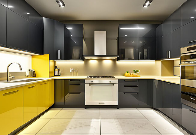 Grey and yellow combination wall for kitchen - Asian Paints