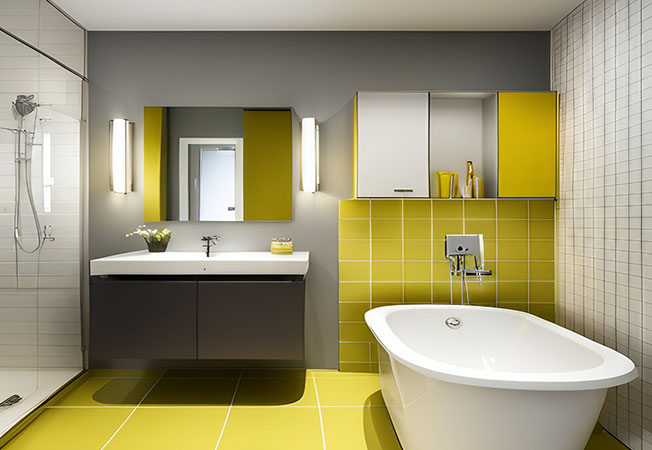 Yellow room decoration with grey backsplash for bathroom - Asian Paints