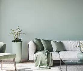 A sofa in a living room with soothing green walls. 5 wall colours for home with a calming influence blog.