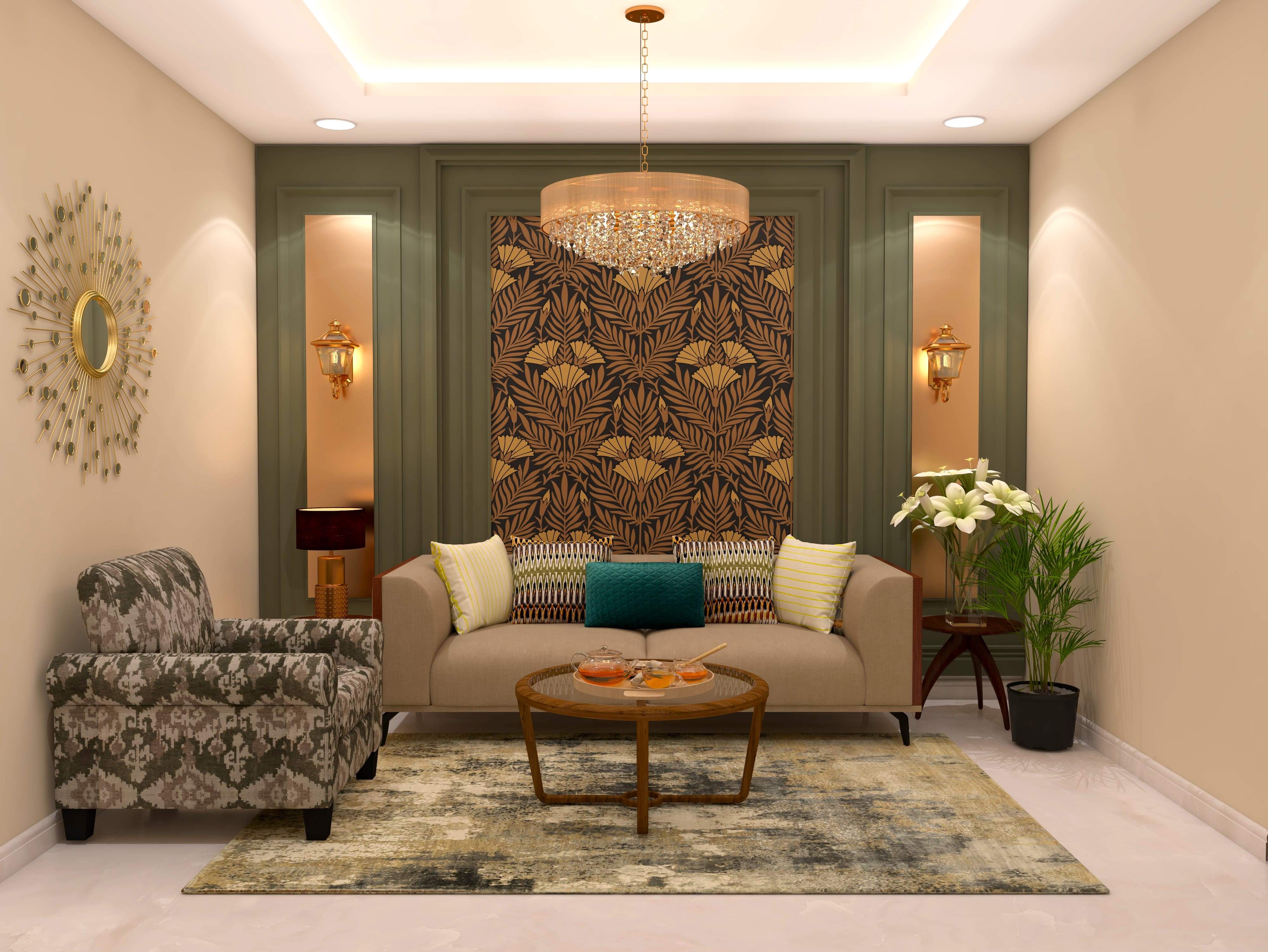 Tropical living room with beige sofa and armchair with printed upholstery-Beautiful Homes