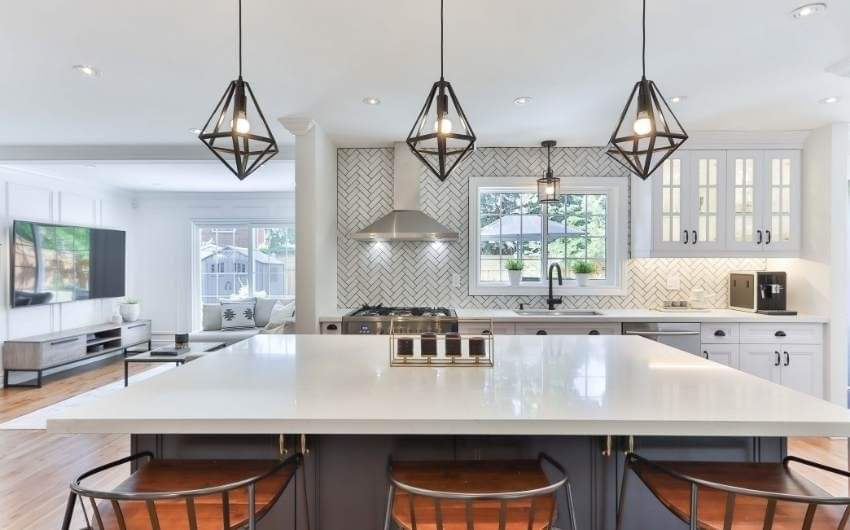 Open kitchen design layout between living room & dining room - Beautiful Homes
